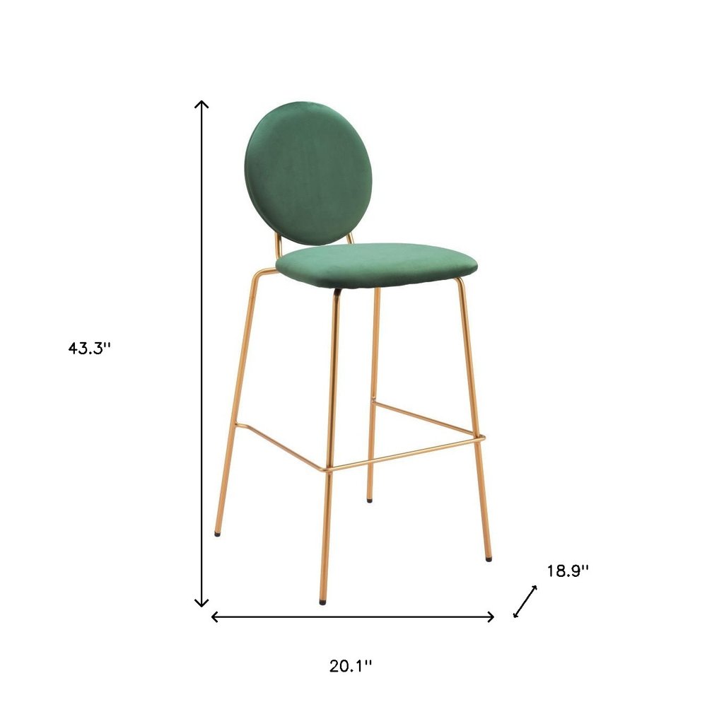 Set of Two 30" Green And Gold Velvet And Steel Bar Height Bar Chairs HomeRoots