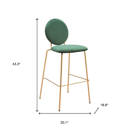 Set of Two 30" Green And Gold Velvet And Steel Bar Height Bar Chairs HomeRoots