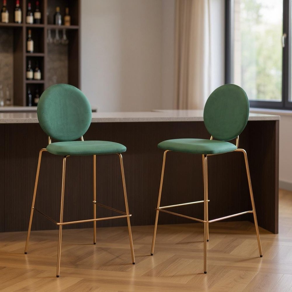 Set of Two 30" Green And Gold Velvet And Steel Bar Height Bar Chairs HomeRoots