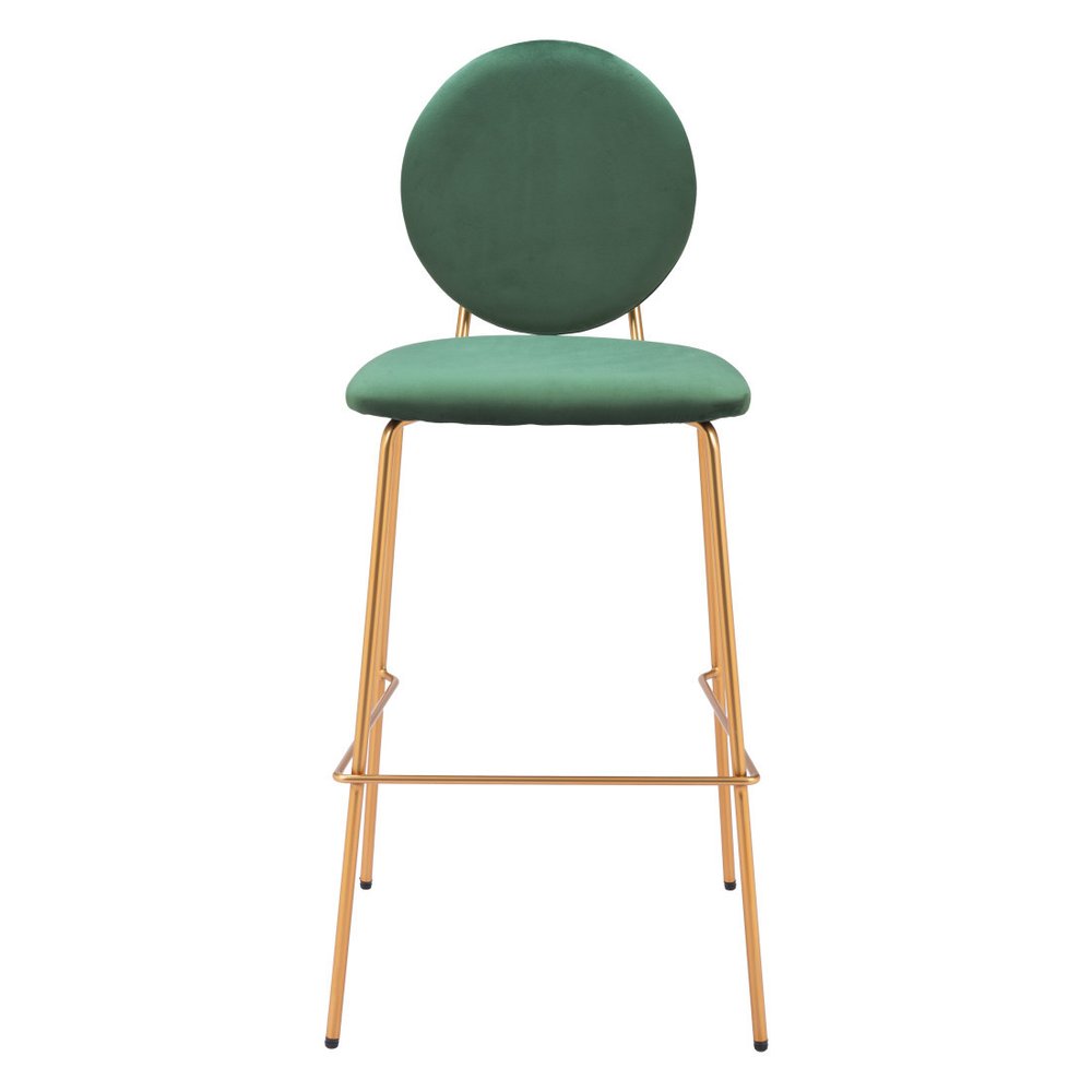 Set of Two 30" Green And Gold Velvet And Steel Bar Height Bar Chairs HomeRoots