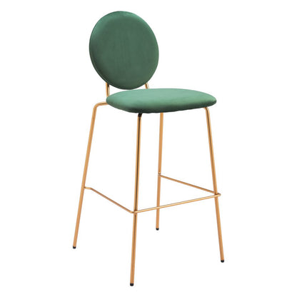 Set of Two 30" Green And Gold Velvet And Steel Bar Height Bar Chairs HomeRoots