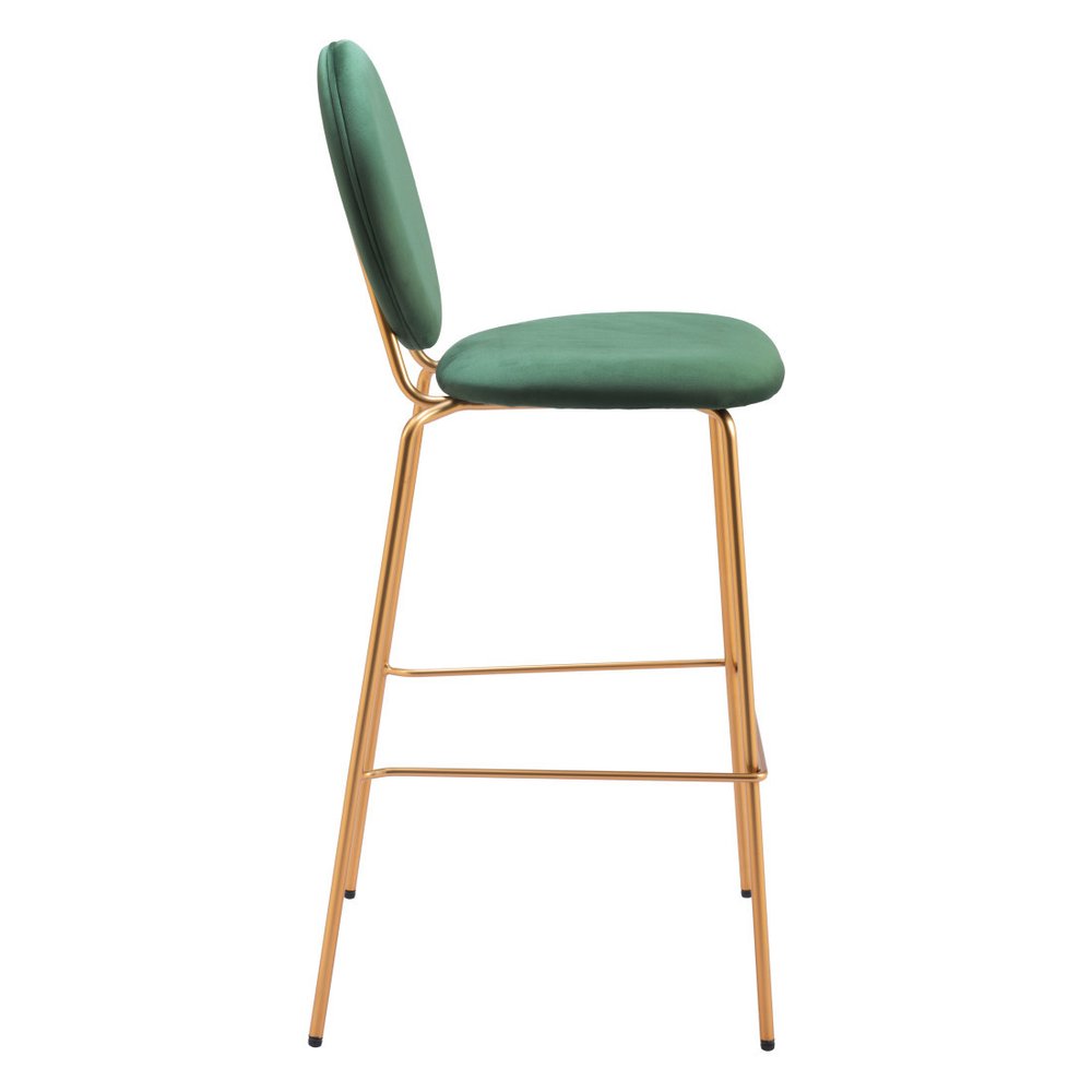 Set of Two 30" Green And Gold Velvet And Steel Bar Height Bar Chairs HomeRoots