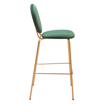 Set of Two 30" Green And Gold Velvet And Steel Bar Height Bar Chairs HomeRoots