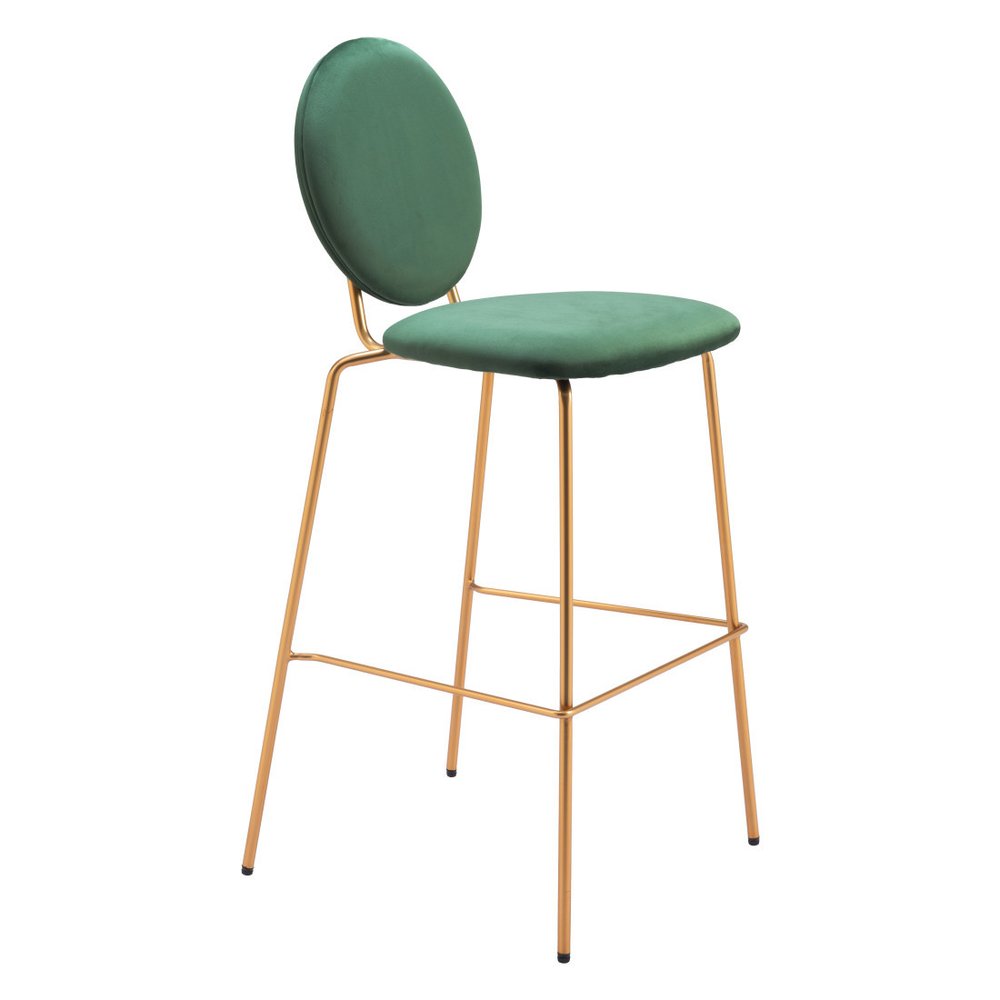 Set of Two 30" Green And Gold Velvet And Steel Bar Height Bar Chairs HomeRoots