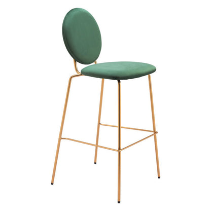 Set of Two 30" Green And Gold Velvet And Steel Bar Height Bar Chairs HomeRoots