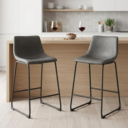 Set of Two 24" Charcoal And Black Faux Leather And Steel Counter Height Bar Chairs HomeRoots