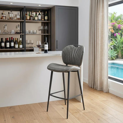 30" Gray And Black Faux Leather And Fabric And Steel Low Back Bar Height Bar Chair HomeRoots