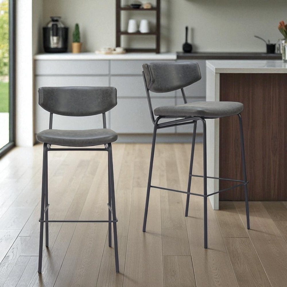 Set of Two 26" Black Faux Leather And Steel Low Back Counter Height Bar Chairs HomeRoots