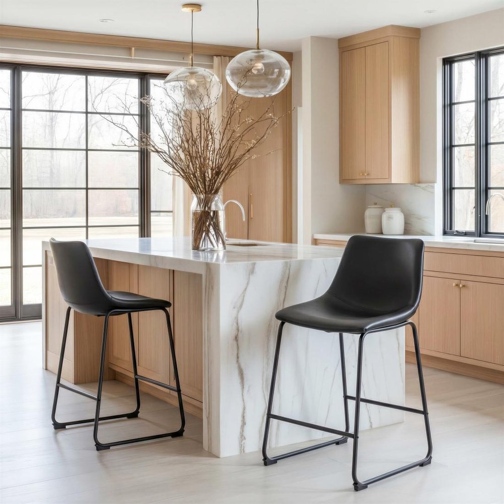 Set of Two 24" Black Faux Leather And Steel Counter Height Bar Chairs HomeRoots