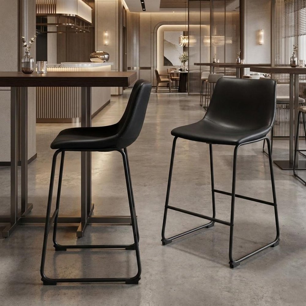 Set of Two 24" Black Faux Leather And Steel Counter Height Bar Chairs HomeRoots