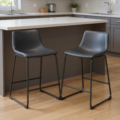 Set of Two 24" Black Faux Leather And Steel Counter Height Bar Chairs HomeRoots