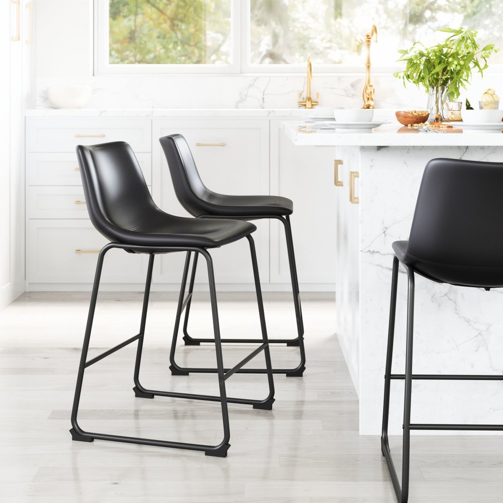 Set of Two 24" Black Faux Leather and Steel Counter Height Bar Chairs HomeRoots