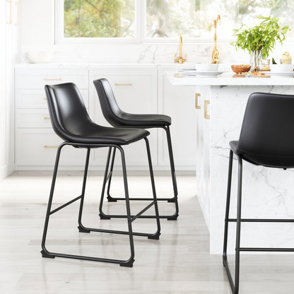 Set of Two 24" Black Faux Leather and Steel Counter Height Bar Chairs HomeRoots