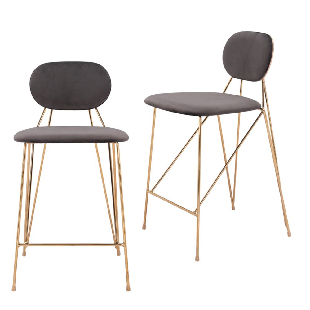 Set of Two 26" Gray And Gold Velvet And Steel Low Back Counter Height Bar Chairs HomeRoots