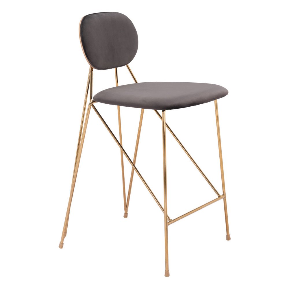 Set of Two 26" Gray And Gold Velvet And Steel Low Back Counter Height Bar Chairs HomeRoots