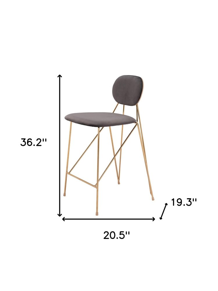 Set of Two 26" Gray And Gold Velvet And Steel Low Back Counter Height Bar Chairs HomeRoots