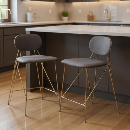 Set of Two 26" Gray And Gold Velvet And Steel Low Back Counter Height Bar Chairs HomeRoots