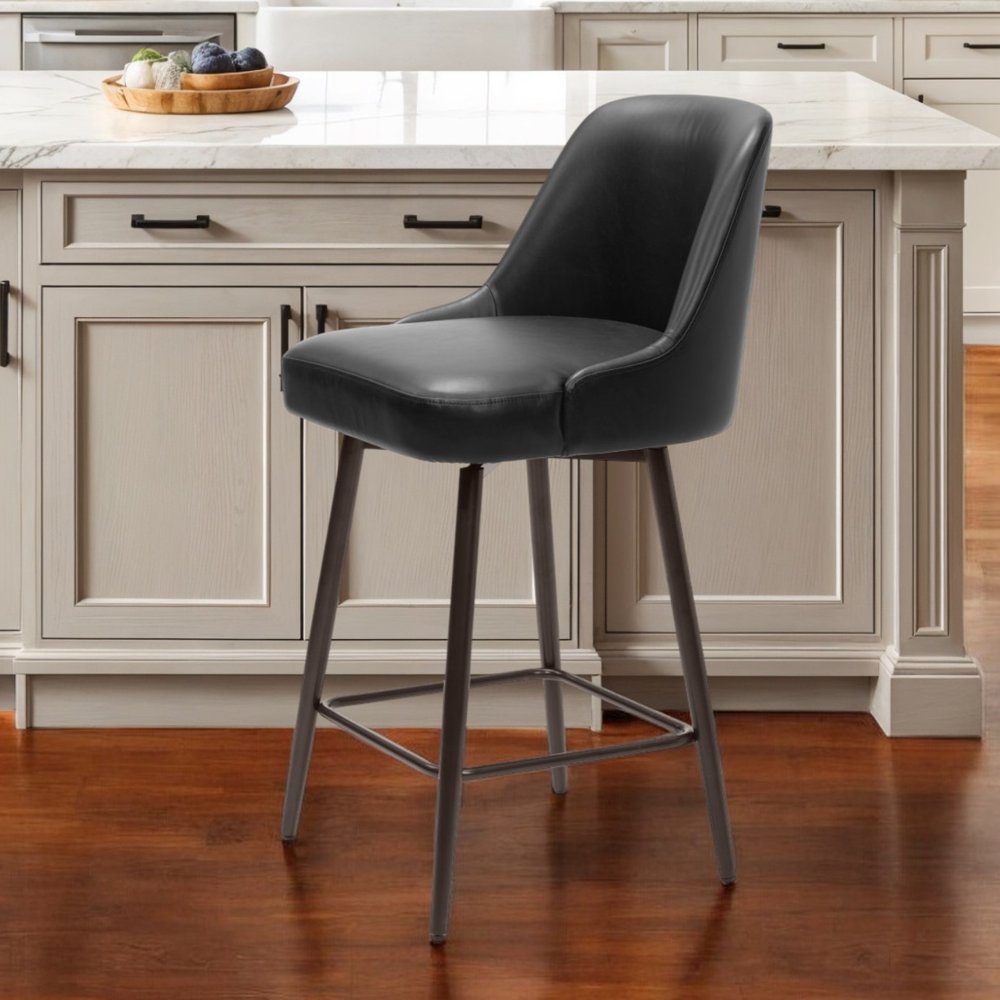 26" Black And Bronze Faux Leather And Fabric And Steel Counter Height Swivel Bar Chair HomeRoots