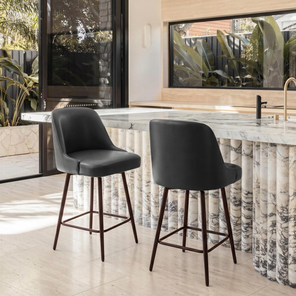 26" Black And Bronze Faux Leather And Fabric And Steel Counter Height Swivel Bar Chair HomeRoots