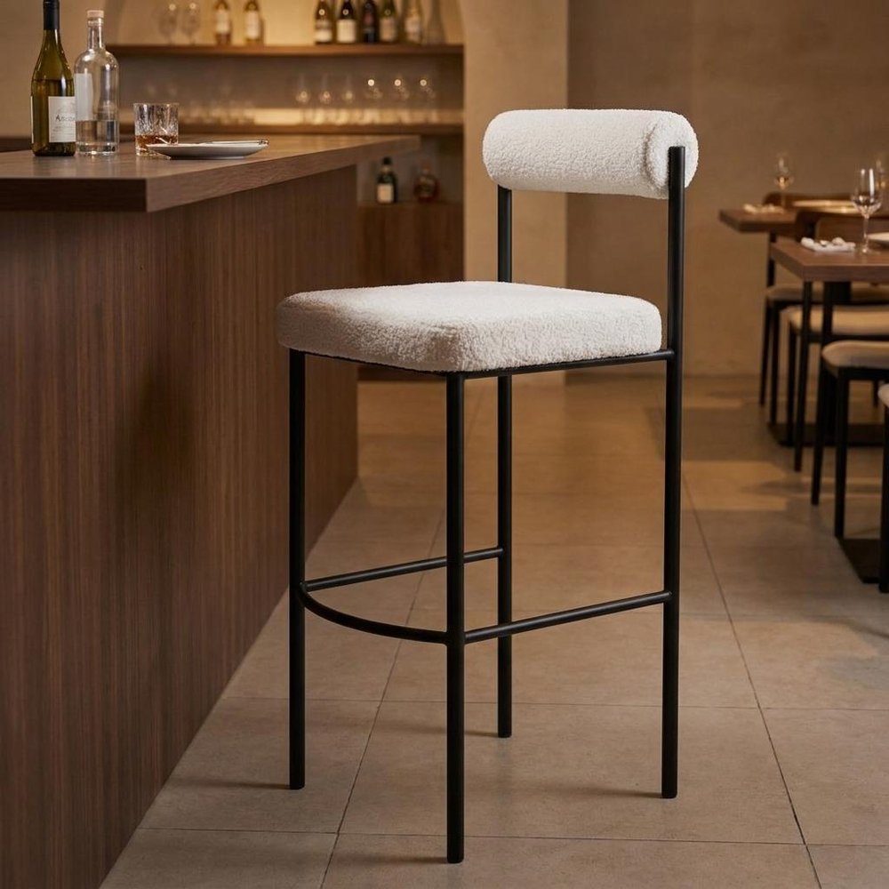 Set of Two 30" Ivory And Black Shearling And Fabric And Steel Low Back Bar Height Bar Chairs HomeRoots