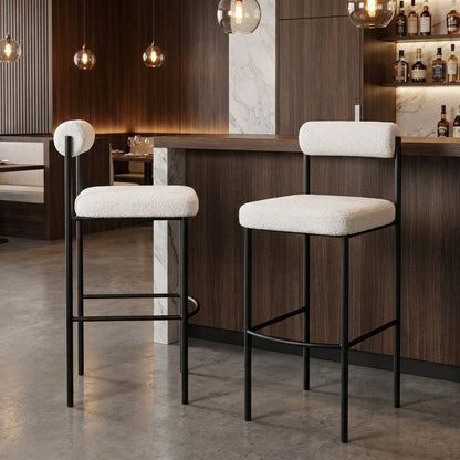 Set of Two 30" Ivory And Black Shearling And Fabric And Steel Low Back Bar Height Bar Chairs HomeRoots