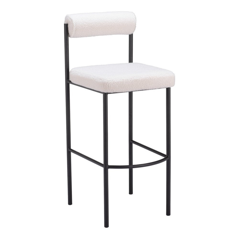 Set of Two 30" Ivory And Black Shearling And Fabric And Steel Low Back Bar Height Bar Chairs HomeRoots