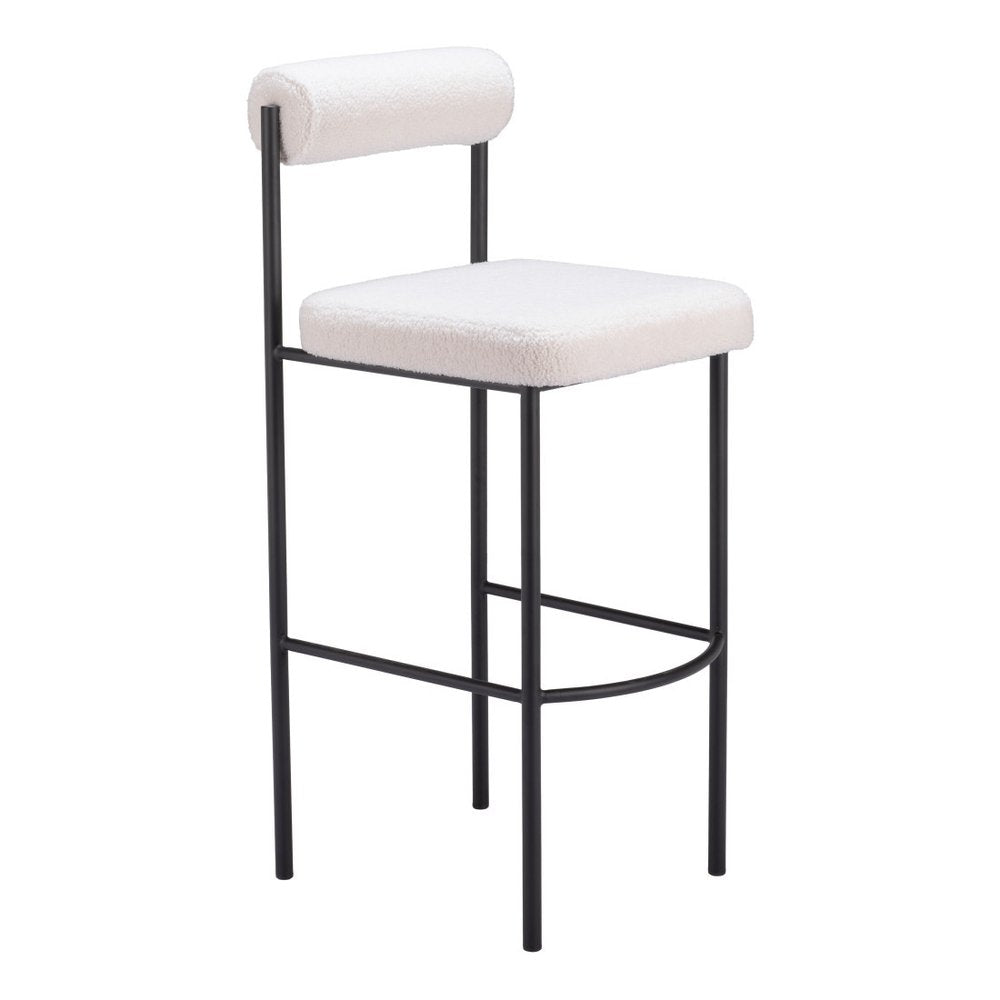 Set of Two 30" Ivory And Black Shearling And Fabric And Steel Low Back Bar Height Bar Chairs HomeRoots