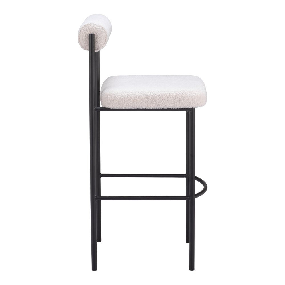 Set of Two 30" Ivory And Black Shearling And Fabric And Steel Low Back Bar Height Bar Chairs HomeRoots