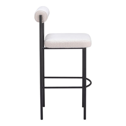 Set of Two 30" Ivory And Black Shearling And Fabric And Steel Low Back Bar Height Bar Chairs HomeRoots