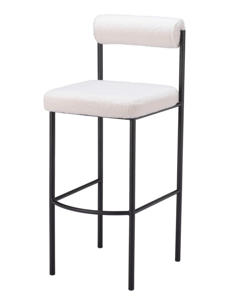 Set of Two 30" Ivory And Black Shearling And Fabric And Steel Low Back Bar Height Bar Chairs HomeRoots