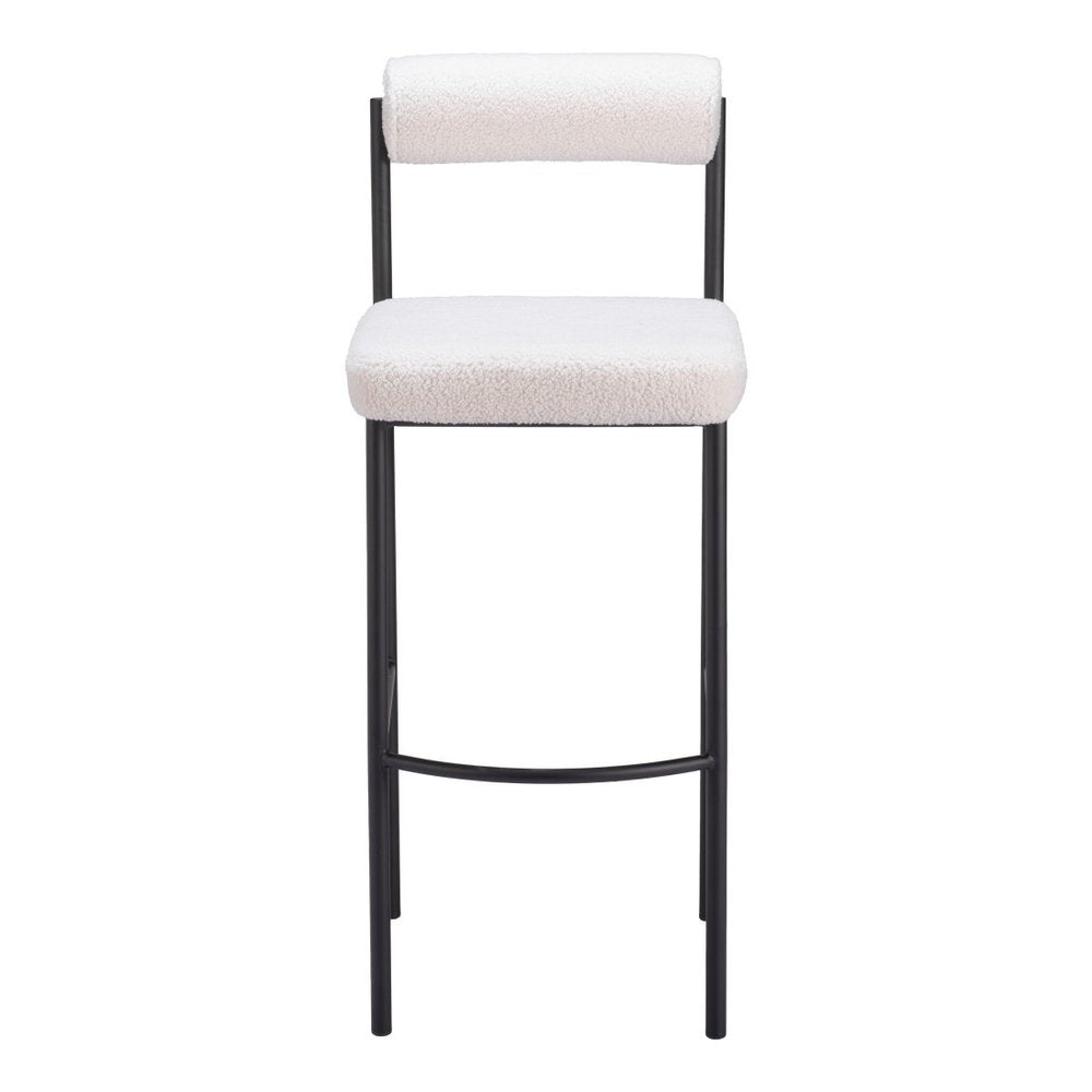 Set of Two 30" Ivory And Black Shearling And Fabric And Steel Low Back Bar Height Bar Chairs HomeRoots