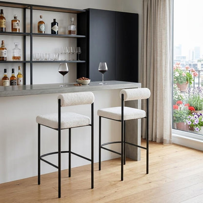 Set of Two 30" Ivory And Black Shearling And Fabric And Steel Low Back Bar Height Bar Chairs HomeRoots