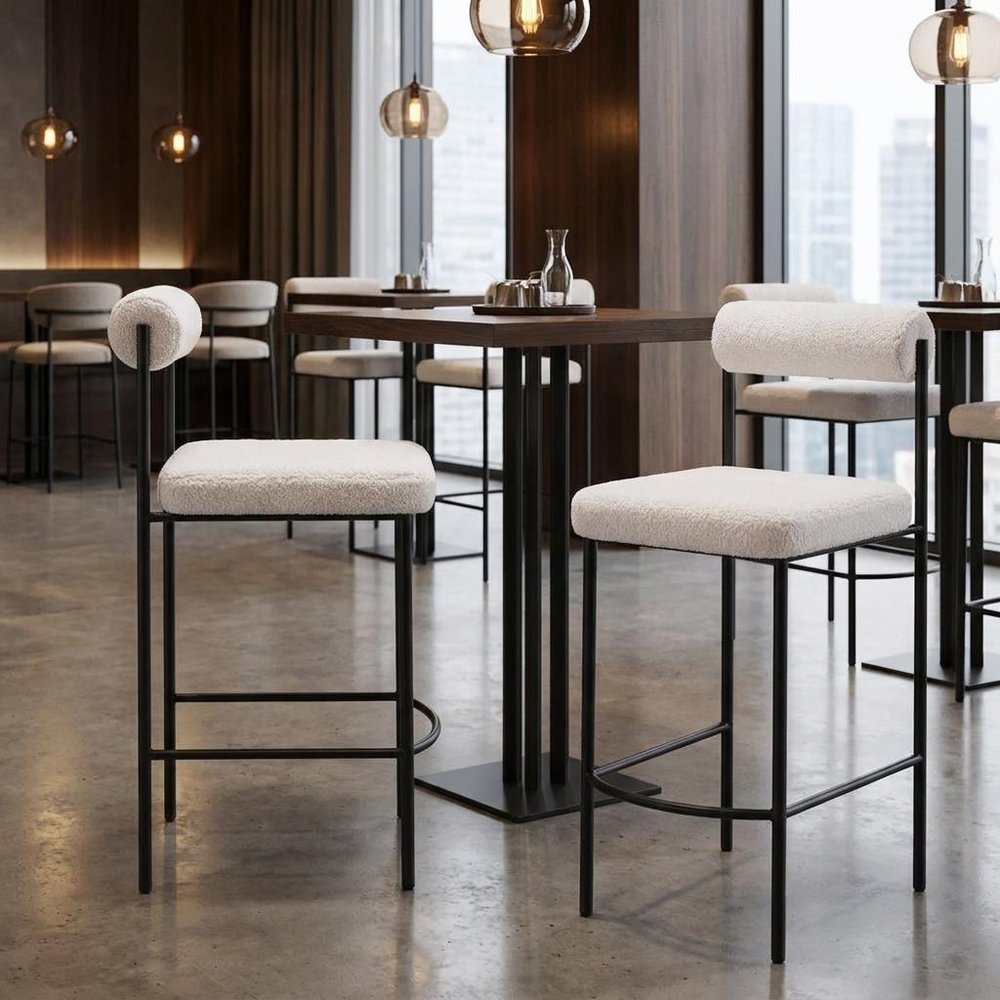 Set of Two 26" Ivory And Black Faux Shearling And Steel Low Back Counter Height Bar Chairs HomeRoots
