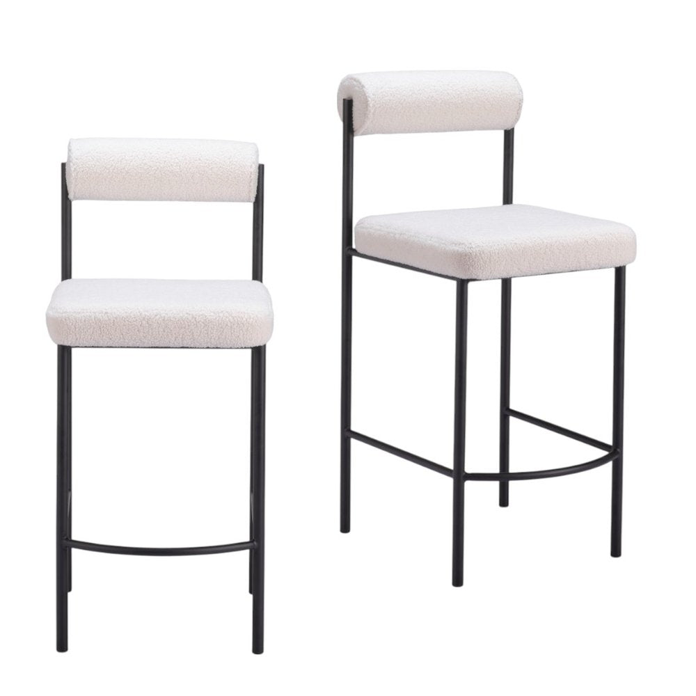 Set of Two 26" Ivory And Black Faux Shearling And Steel Low Back Counter Height Bar Chairs HomeRoots