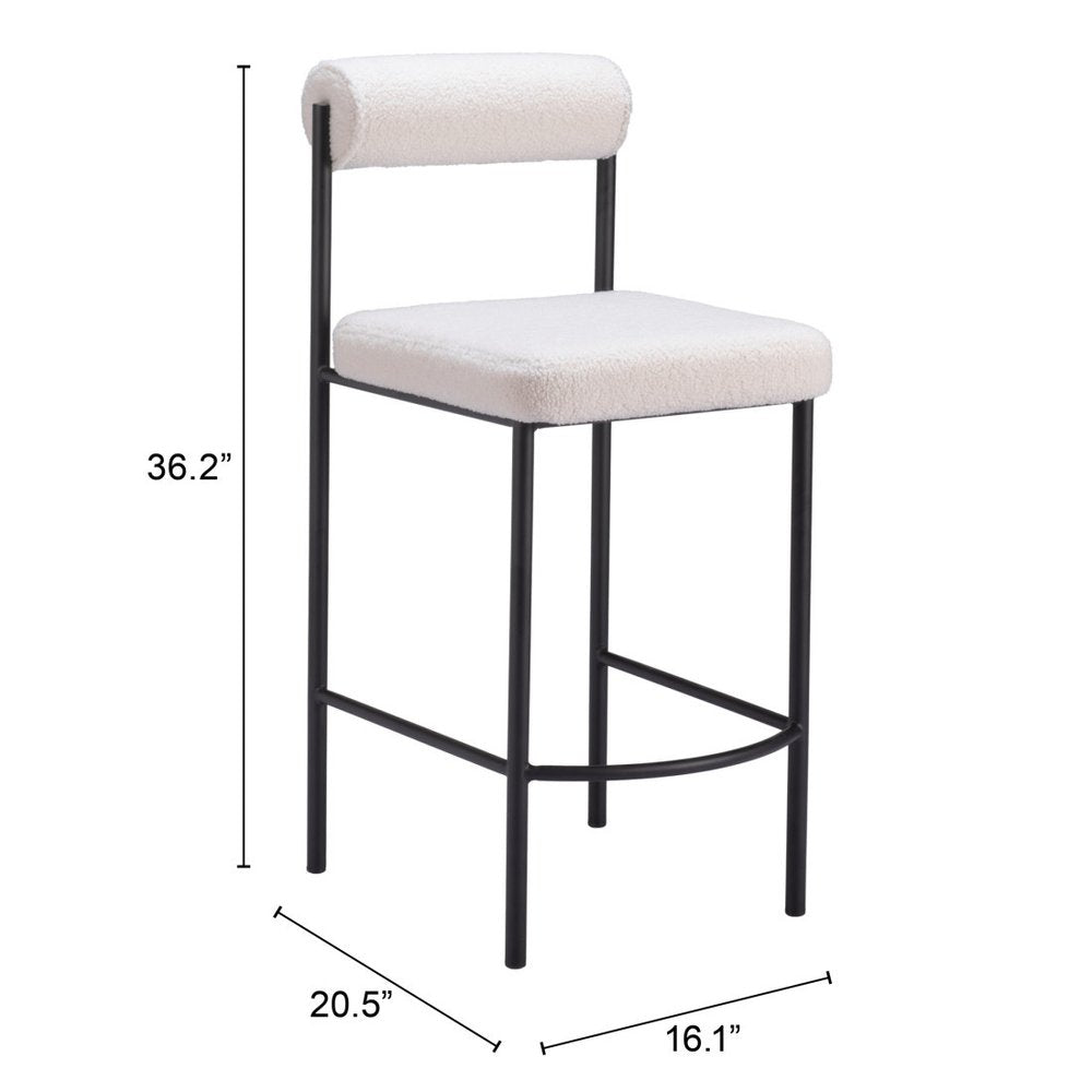 Set of Two 26" Ivory and Black Faux Shearling and Steel Low Back Counter Height Bar Chairs HomeRoots
