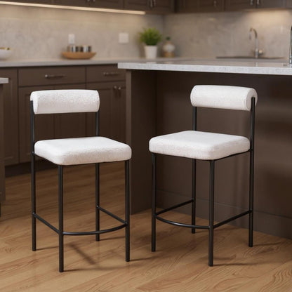 Set of Two 26" Ivory And Black Faux Shearling And Steel Low Back Counter Height Bar Chairs HomeRoots