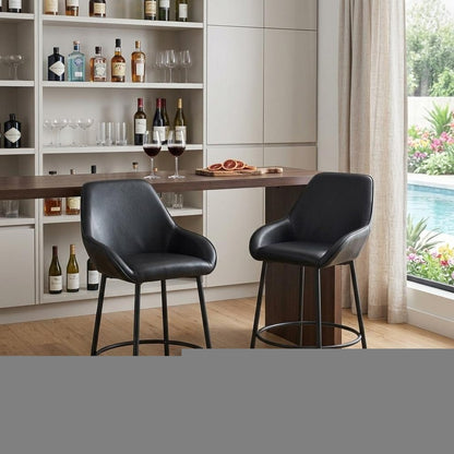 Set of Two 30" Black Faux Leather And Steel Bar Height Bar Chairs HomeRoots