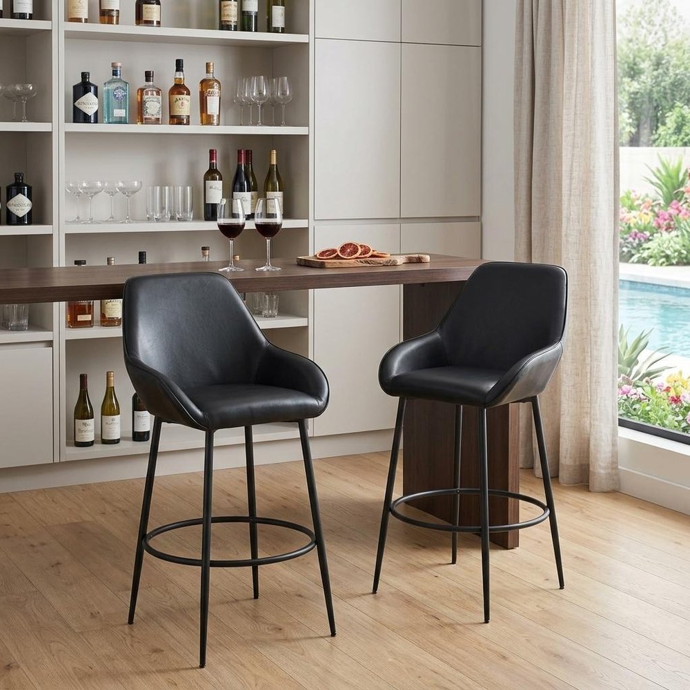 Set of Two 30" Black Faux Leather And Fabric And Steel Bar Height Bar Chairs HomeRoots