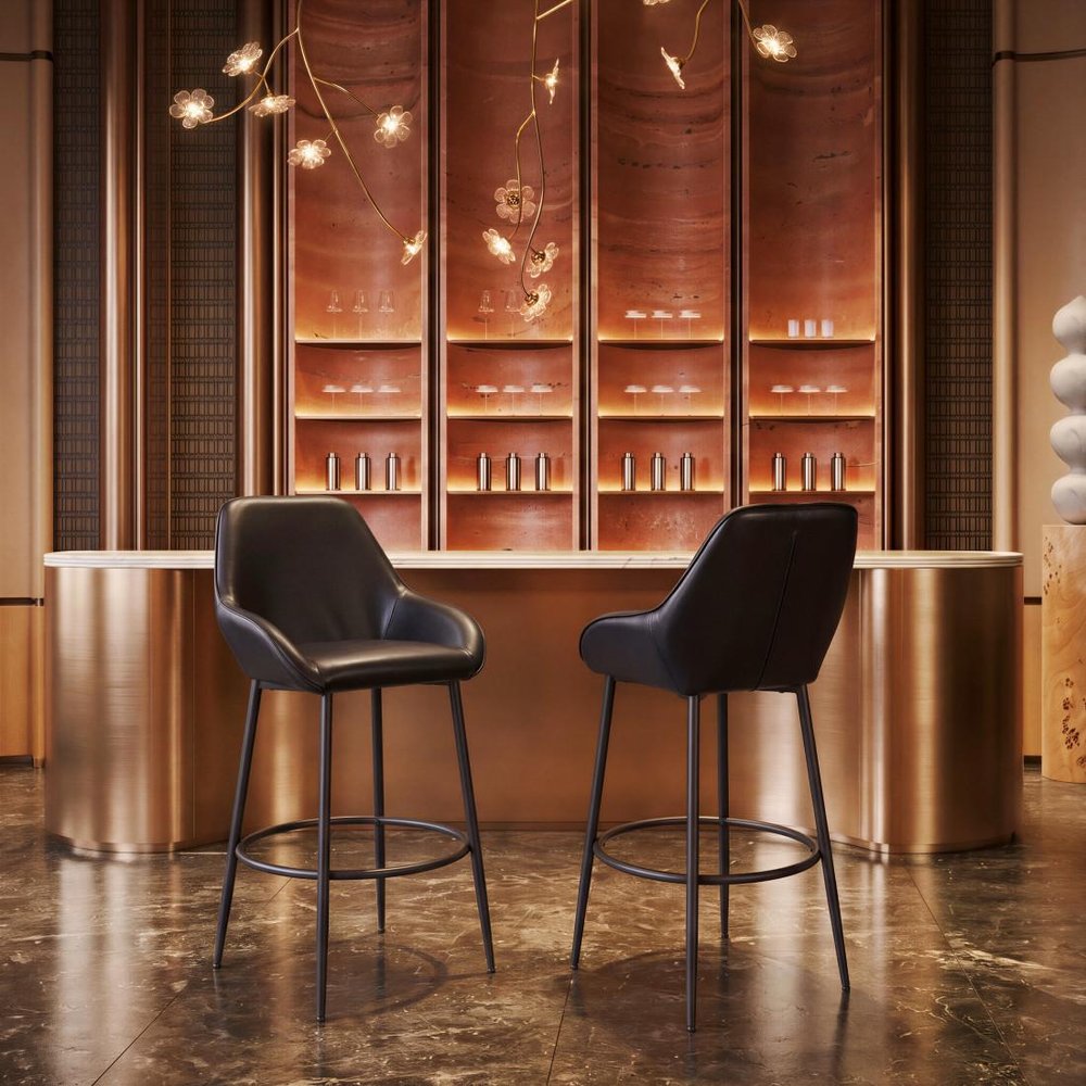 Set of Two 30" Black Faux Leather And Fabric And Steel Bar Height Bar Chairs HomeRoots