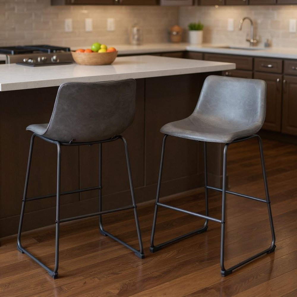 Set of Two 29" Charcoal And Black Faux Leather And Steel Counter Height Bar Chairs HomeRoots