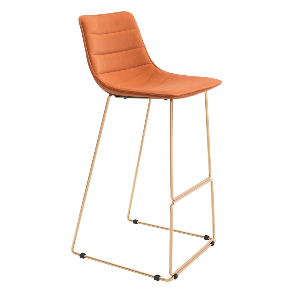 Set of Two 30" Orange And Gold Velvet And Fabric And Steel Bar Height Bar Chairs HomeRoots