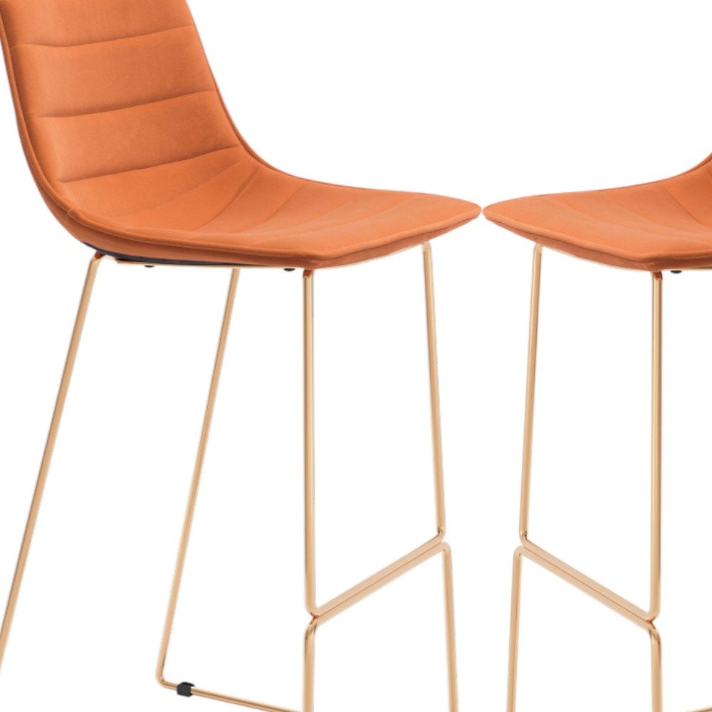 Set of Two 30" Orange And Gold Velvet And Fabric And Steel Bar Height Bar Chairs HomeRoots