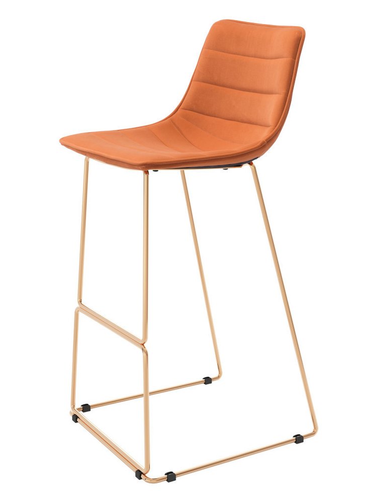 Set of Two 30" Orange And Gold Velvet And Fabric And Steel Bar Height Bar Chairs HomeRoots