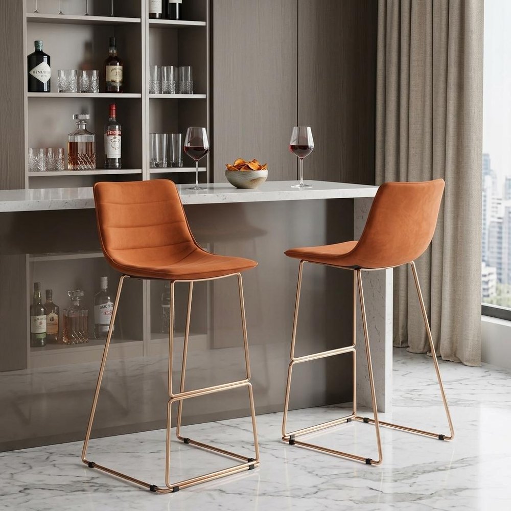 Set of Two 30" Orange And Gold Velvet And Fabric And Steel Bar Height Bar Chairs HomeRoots