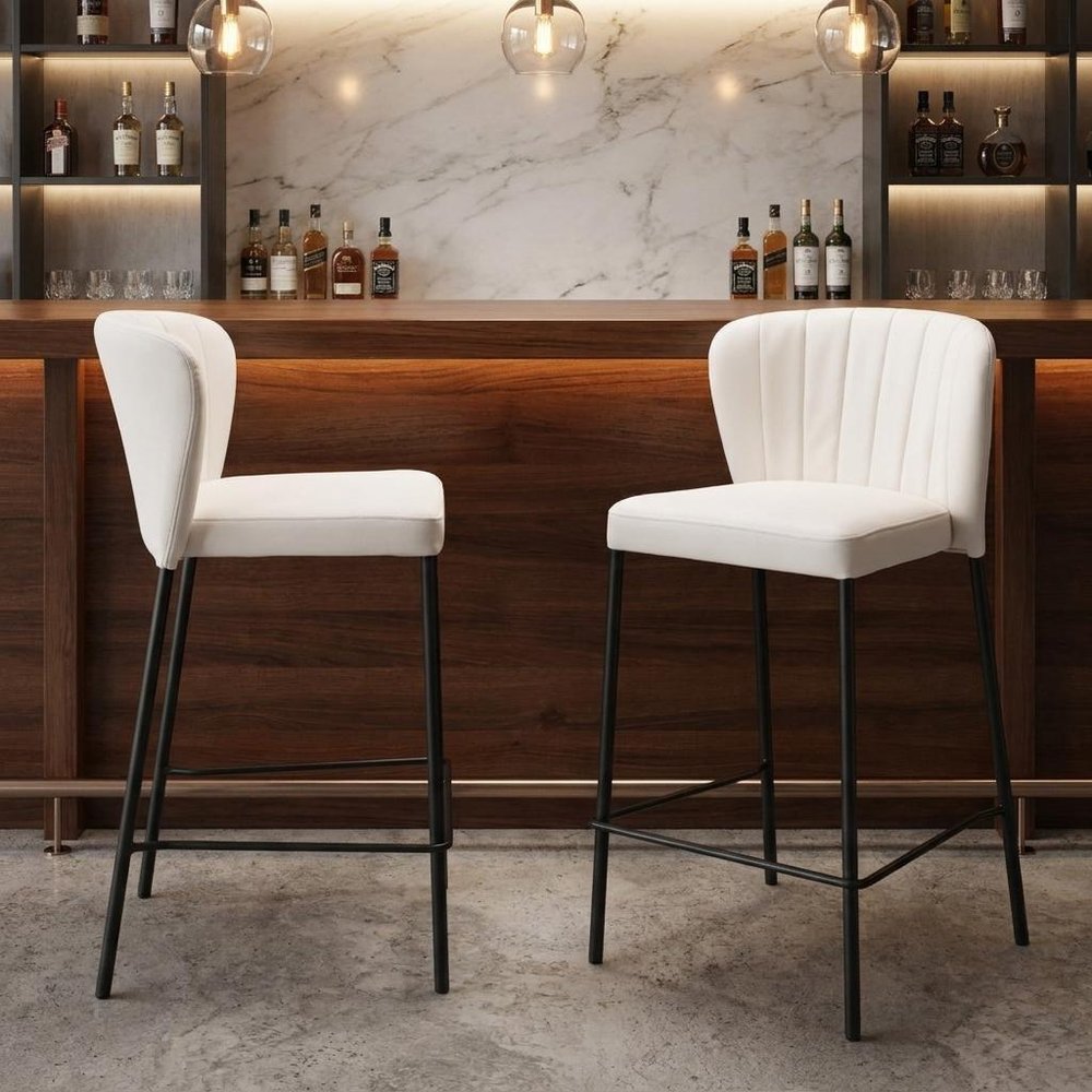 Set of Two 26" Cream And Black Faux Leather And Fabric And Steel Counter Height Bar Chairs HomeRoots