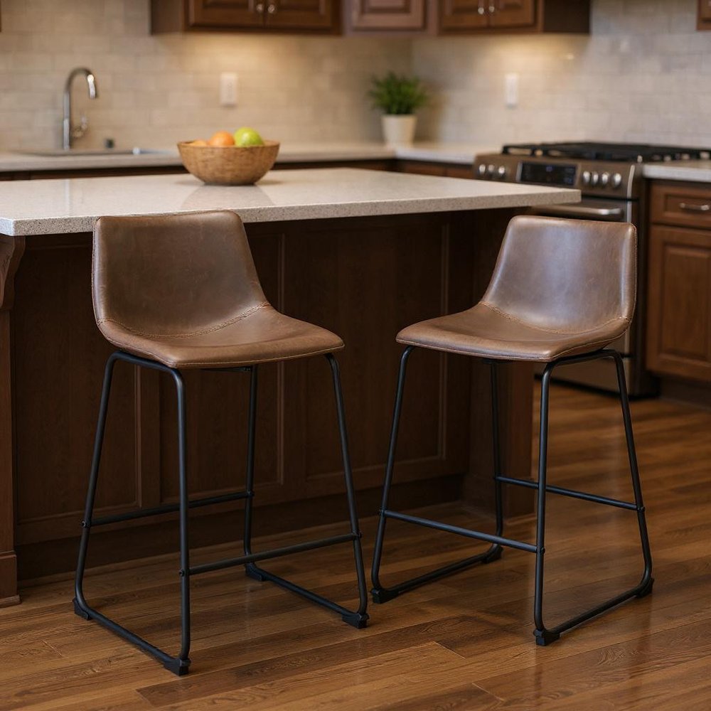Set of Two 24" Espresso And Black Faux Leather And Steel Counter Height Bar Chairs HomeRoots