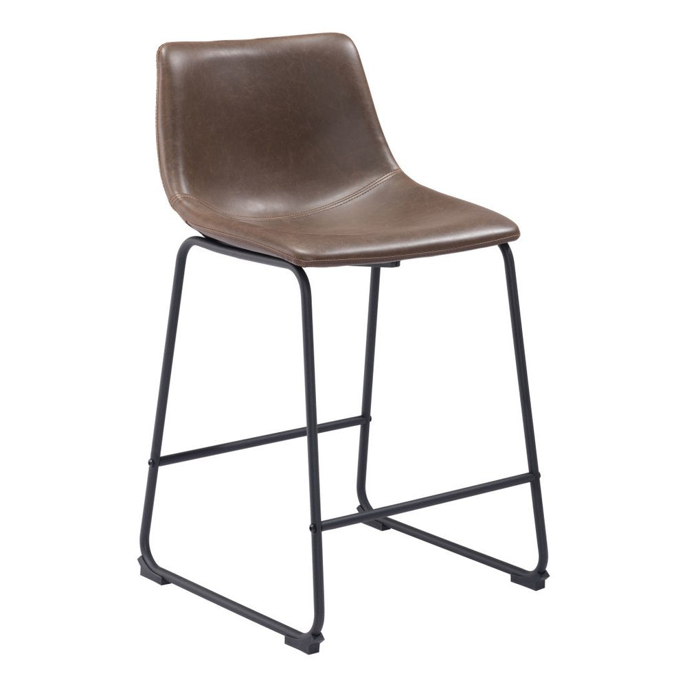 Set of Two 24" Espresso And Black Faux Leather And Steel Counter Height Bar Chairs HomeRoots