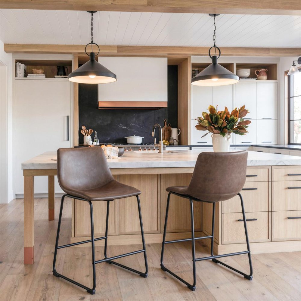 Set of Two 24" Espresso And Black Faux Leather And Steel Counter Height Bar Chairs HomeRoots