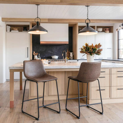 Set of Two 24" Espresso And Black Faux Leather And Steel Counter Height Bar Chairs HomeRoots
