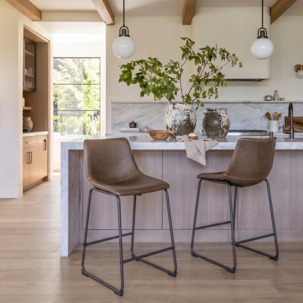 Set of Two 24" Espresso And Black Faux Leather And Steel Counter Height Bar Chairs HomeRoots